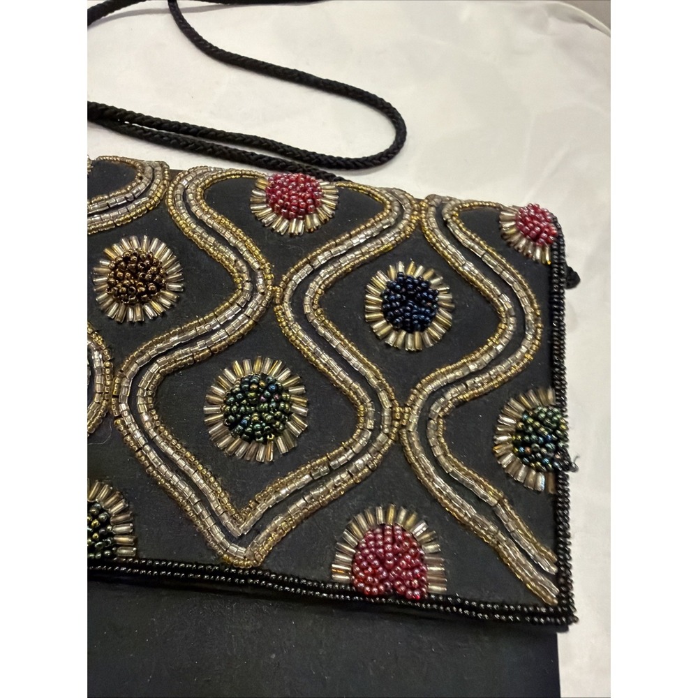 Vintage Carla Marchi Beaded Evening Clutch Black Satin Shoulder Bag - Picture 5 of 10